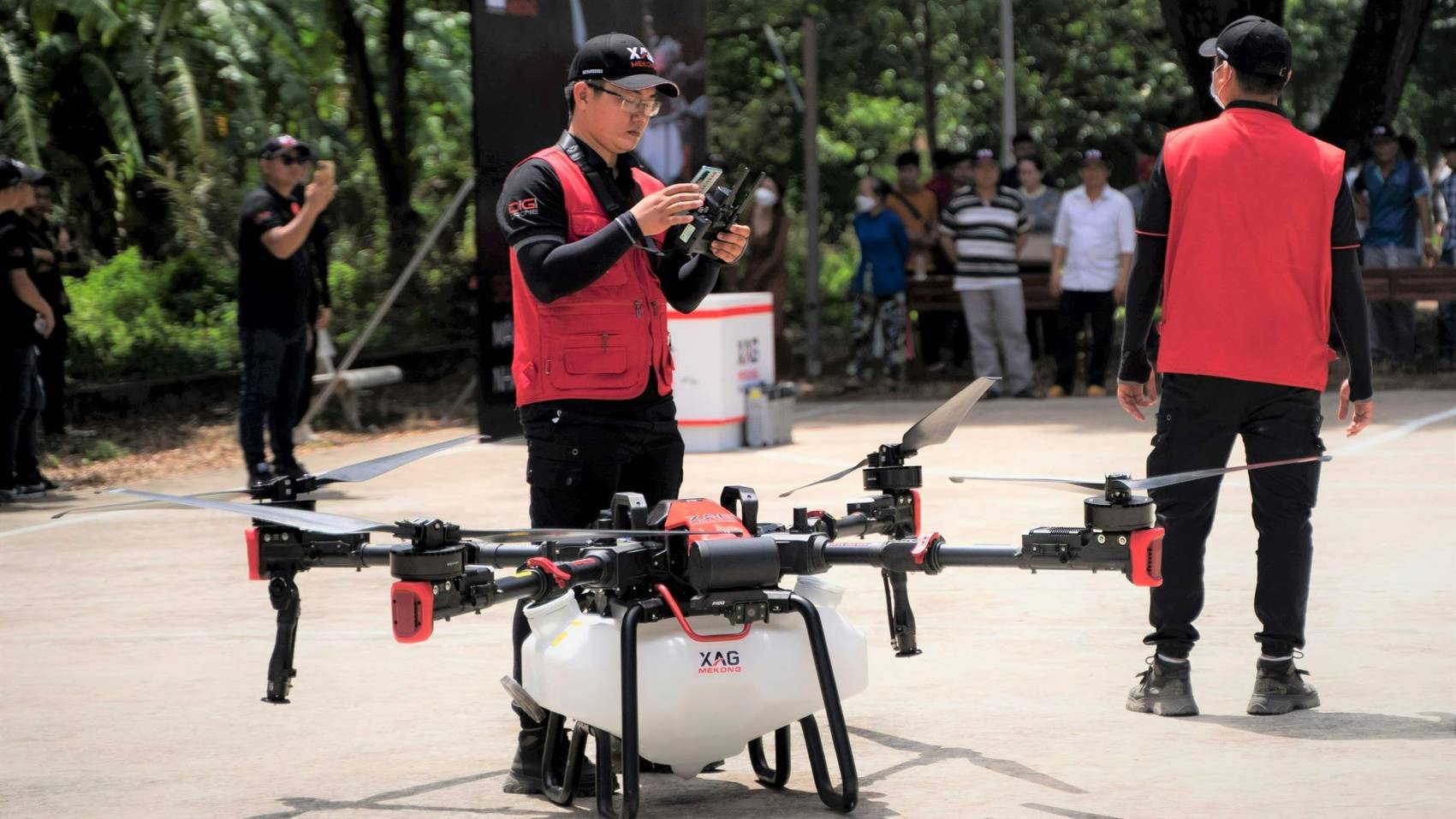 Personnel preparing for a P100 Pro demo flight